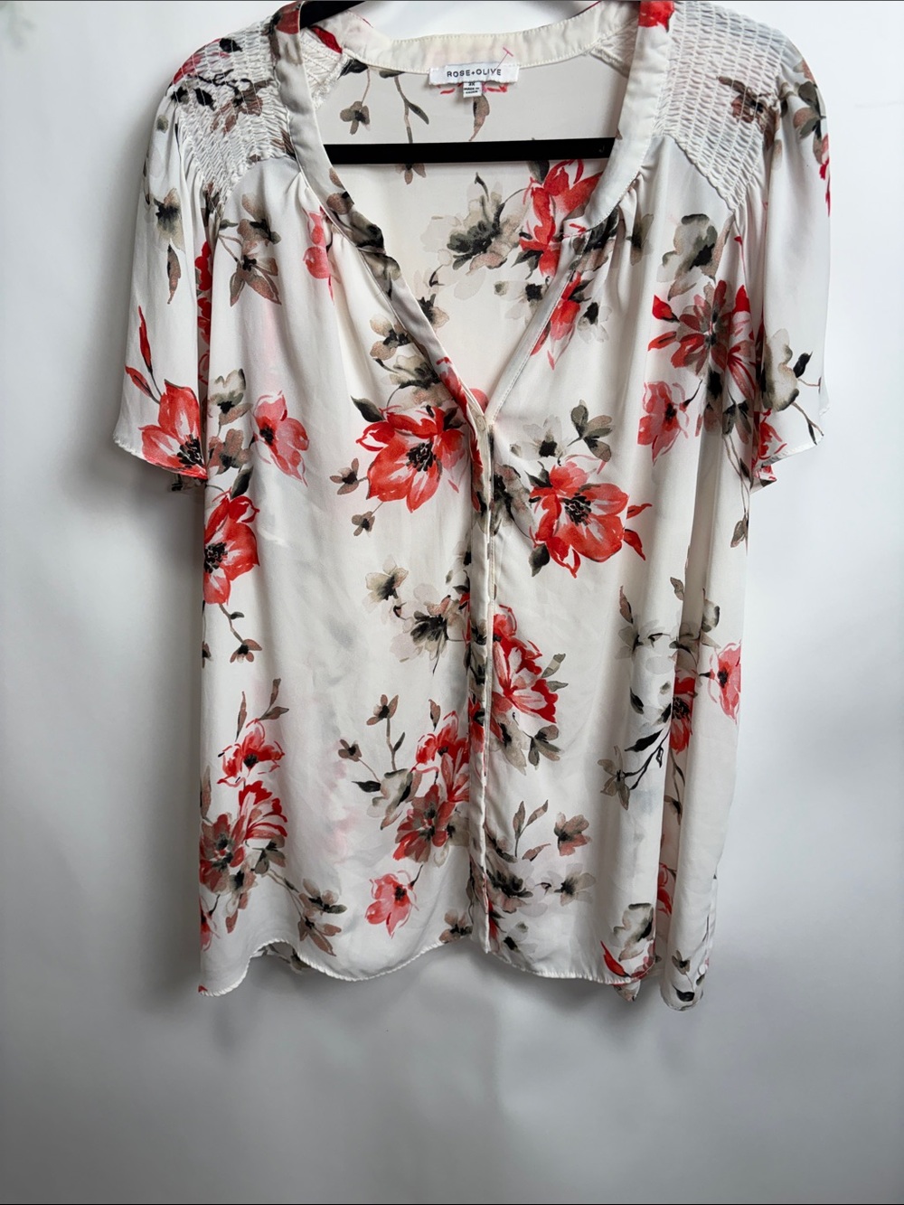 Rose & Olive Cream Blouse with Red Floral Print